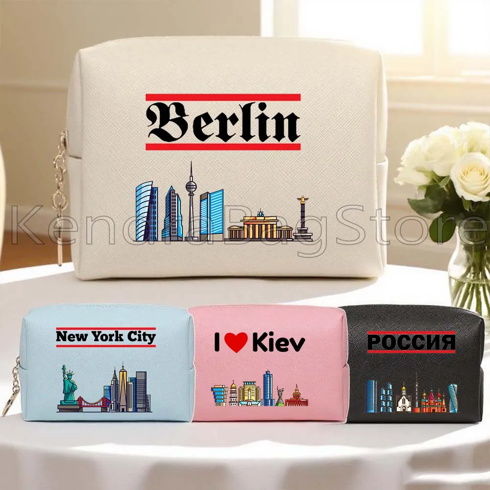 

Берлин Россия Будапешт Нью-Йорк Сан-Франциско Киев Skyline Дорожная косметичка из искусственной кожи Водонепроницаемая сумка для хранения туалетных принадлежностей