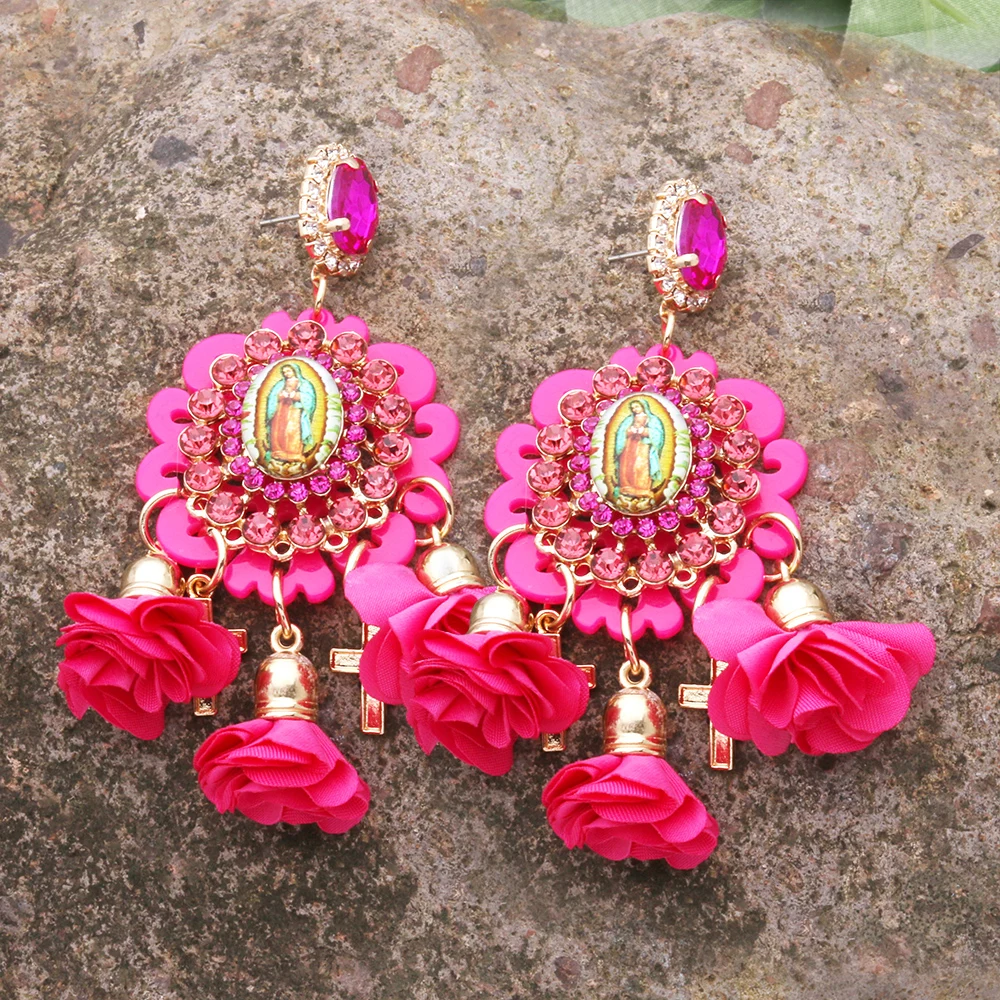 Jesus Rose Glass Rhinestone Flower Earrings for Women ResinTrendy Charms Wedding Big Drop Earrings Fashion Jewelry Female