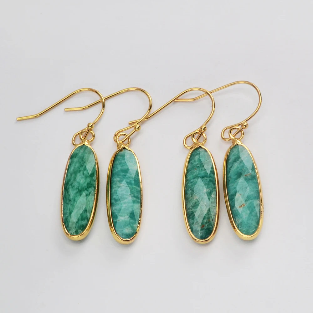 

BOROSA Unique Long Teardrop Golden Plated Amazonite Faceted Dangle Earrings Natural Green Stone Drop Earring Jewelry Accessories