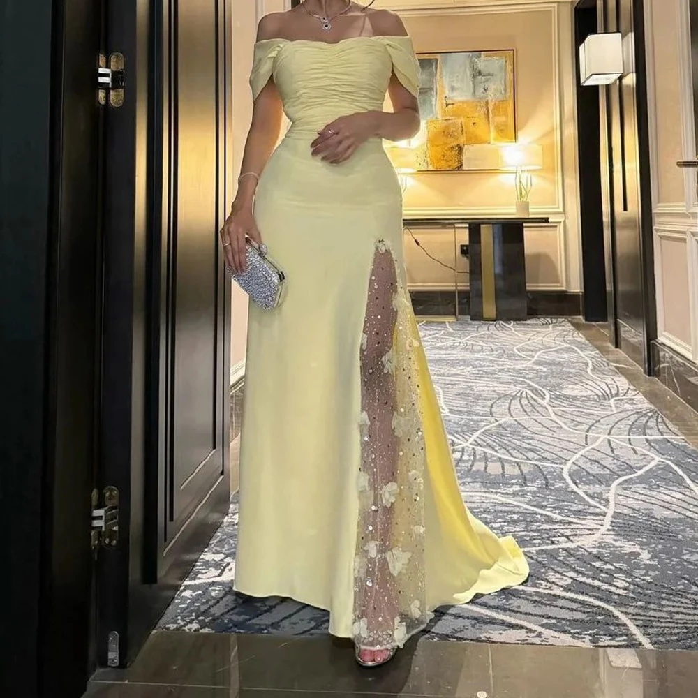 فستان سهرة مخصص حديث مستقيم بطول الأرض قبالة الكتف جيرسي مزين بالكريستال فستان سهرة أنيق من vestidos para mujer