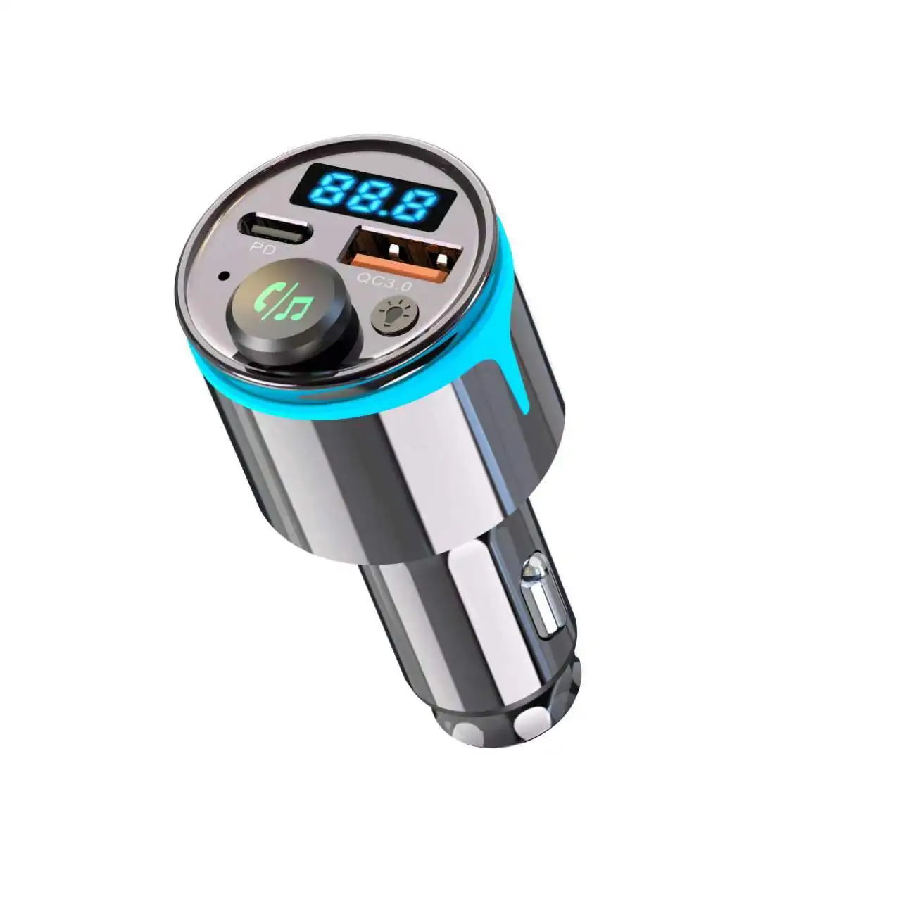 Full Metal Glossy Gunmetal Car Bluetooth FM Modulator 48W Output Fast Charger Circular Atmosphere Light MP3 Player