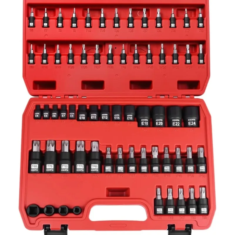 Torx Bit Socket and External Socket Set, S2 and Cr-V Steel, Master Impact Torque Output Complete Kit 64 Pieces