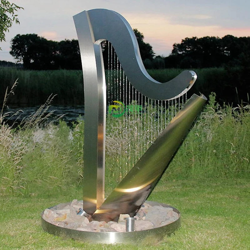 Modern Metal Crafts Large Polished Outdoor Garden Rectangle Metal Art Stainless Steel Water Fountain Harp Sculpture