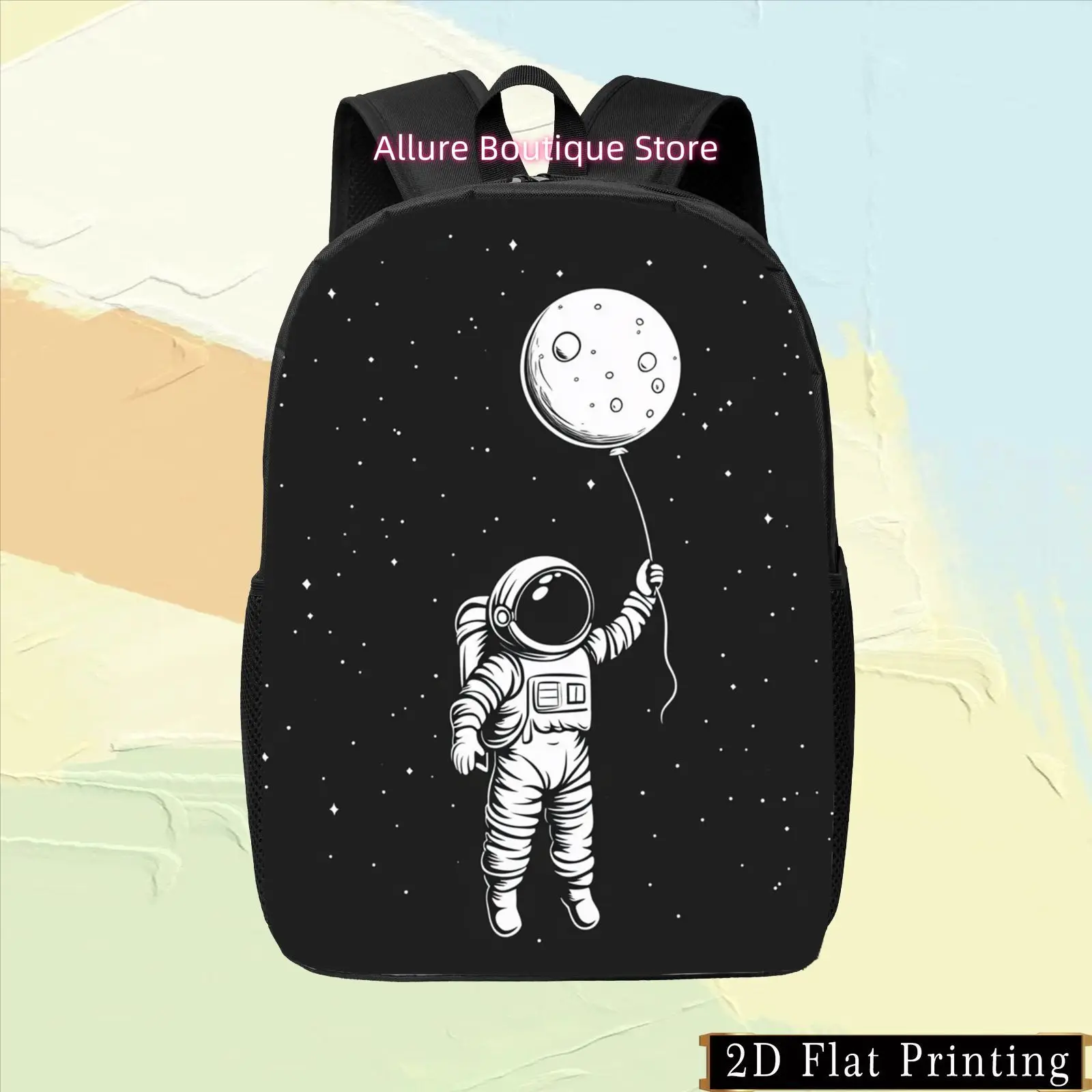1pc Colorful Single-Sided Print Backpack with Astronaut Moon Pattern, Zipper Design for Shoulder and Waist Protection, Fashionab