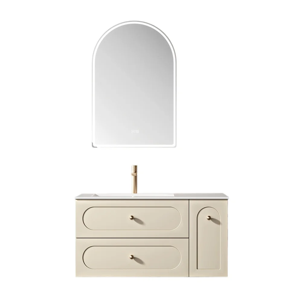 Modern Luxury Bathroom Cabinet Ceramic Basin Plywood Vanity Glass Sink Top - For Hotels