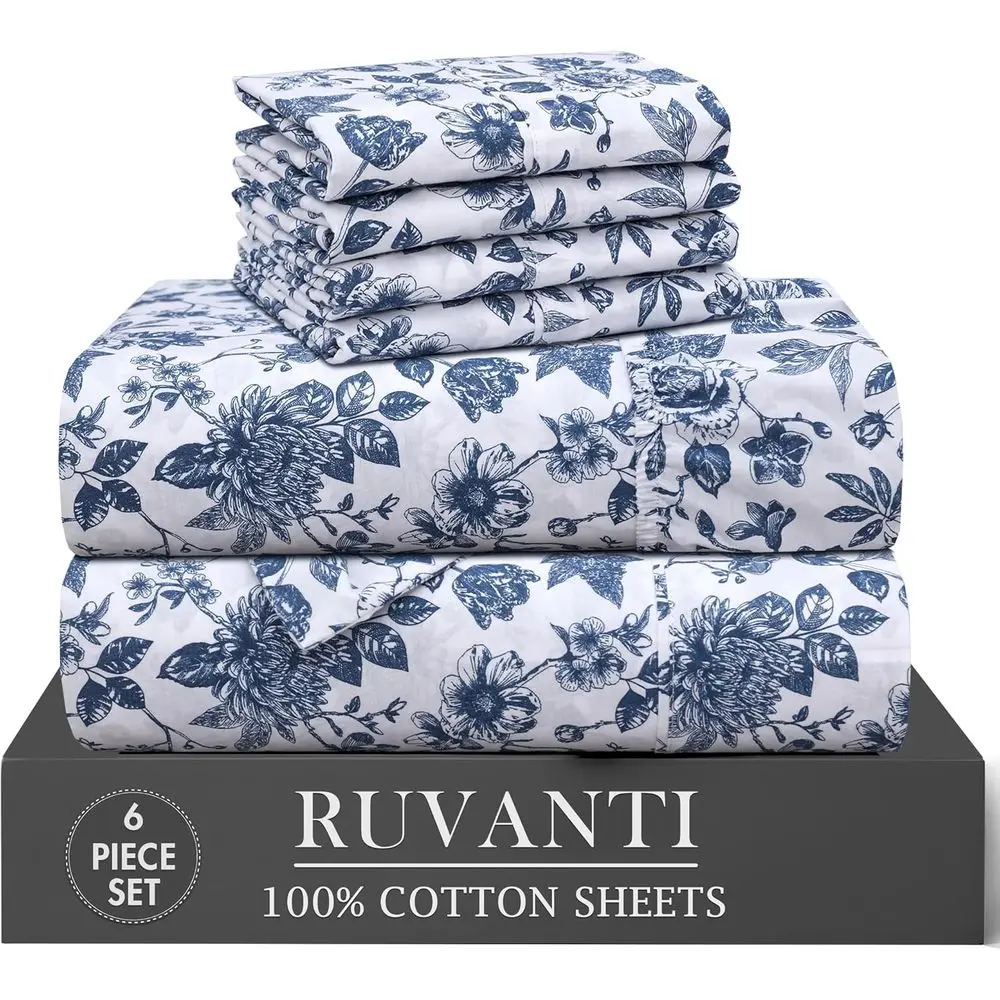

6-Piece Queen Cotton Sheet Set - 100% Natural, Lightweight Breathable Percale, 16 Deep Pockets, Wild Lower