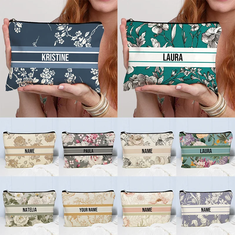 Vintage Floral Custom Name Makeup Bag Women Travel Cosmetic Organizer Wedding Bridesmaid Gifts Handbag for Ladies Toilet Pouch