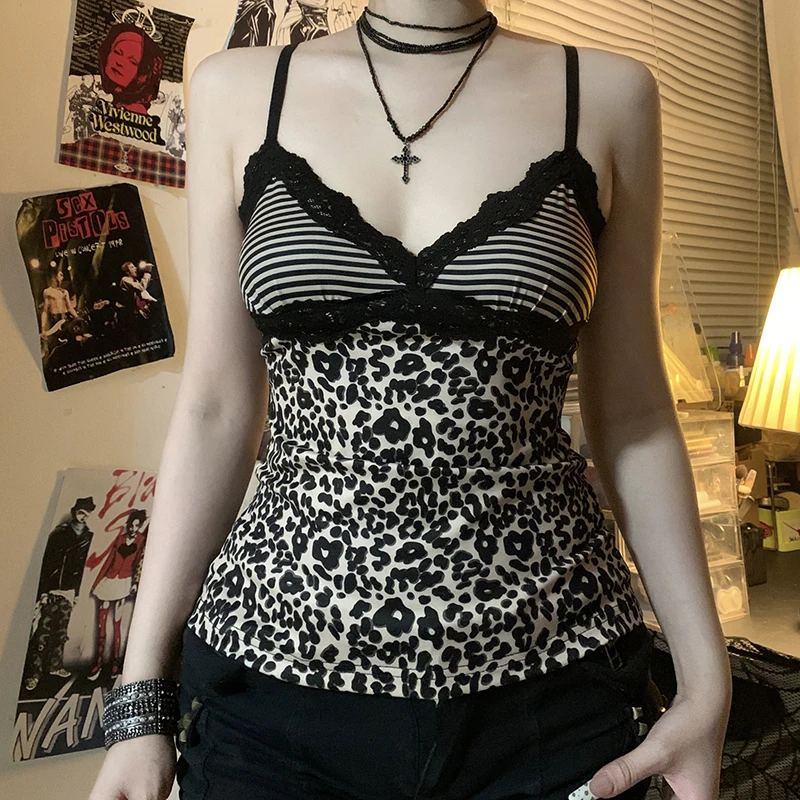 

[RUOKE] Sexy Lace Camisole Top Women Spring Summer Leopard Patchwork Spaghetti Strap Y2K Tank Top Streetwear Daily Casual Outfit