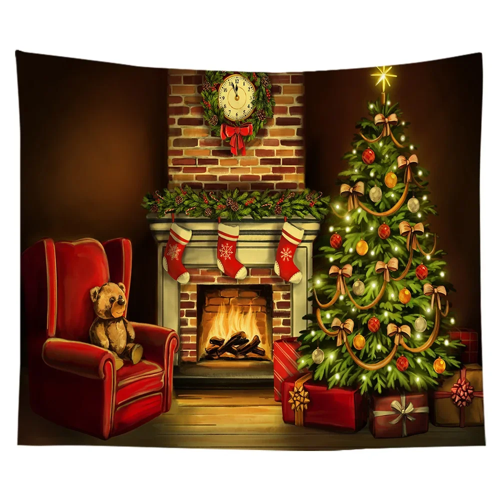 Christmas Tapestry  Tree  Gift Fireplace  Home Room Living  Wall Decoration Background Cloth