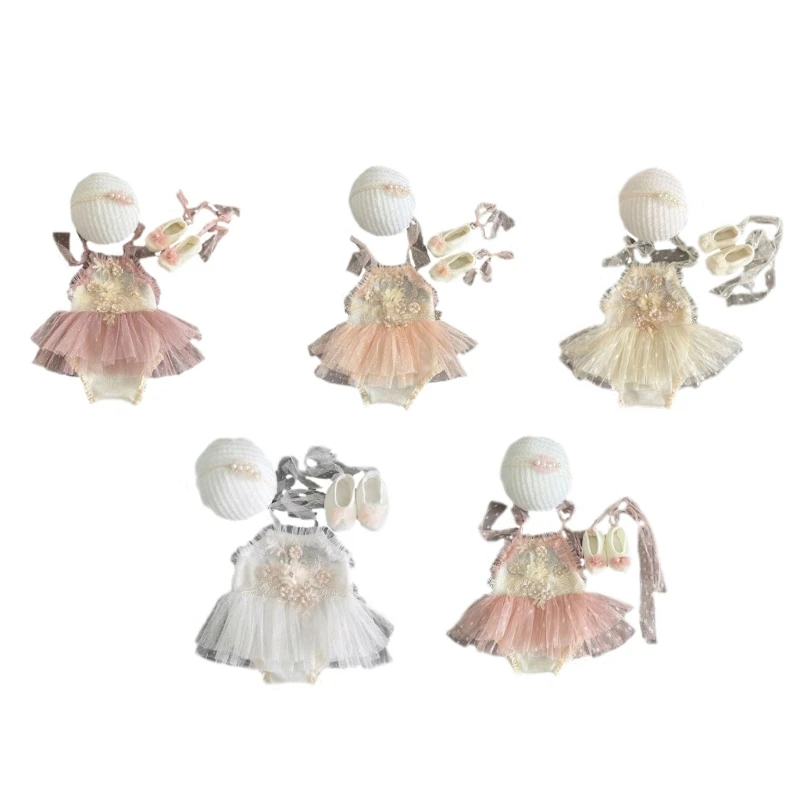 

Newborn Photo Props Headband & Tulle Dress Baby Photo Set Infant Headdress Romper Shoes for Boys Girls