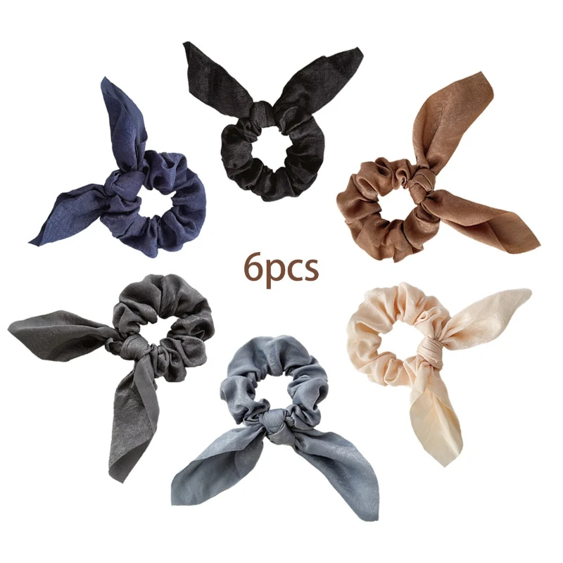 

6PCS European American Solid Color Large Intestine Hair Band Bow Headband Set Rabbit Ear Fabric Hair Rope Simple Rubber Band