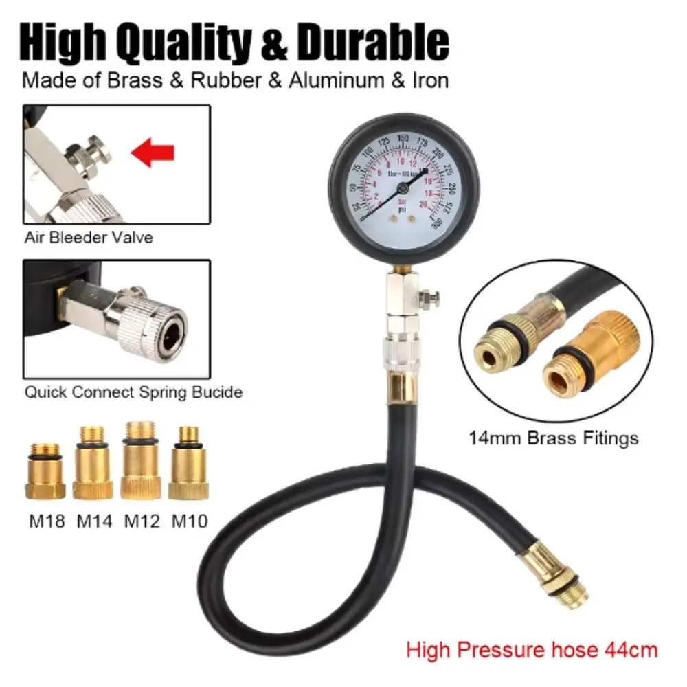 Professional Engine Compression Test Kit M10/12/14/18 Adapter 0-300 PSI Automotive Cylinder Tester Kit