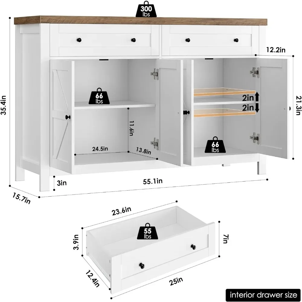 

55" Buffet Sideboard Cabinet with Storage, Modern Farmhouse Coffee Bar Cabinet with Drawers and Shelves, Barn Doors Stor
