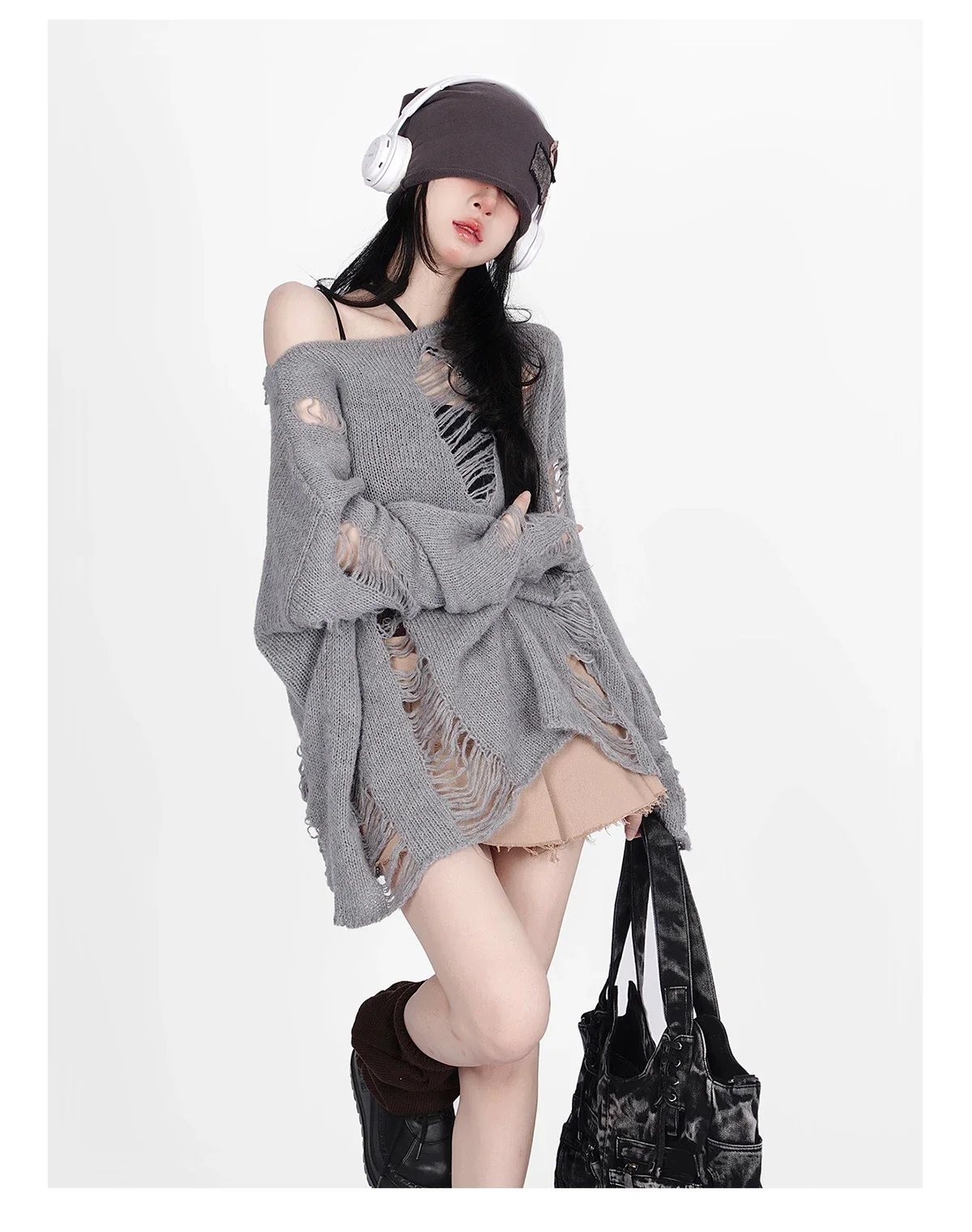 2023 Autumn New Fashion Ripped Pullovers Women Korean Baggy Chic Simple Knitted Sexy Smock Ulzzang Streetwear Vintage Sweaters