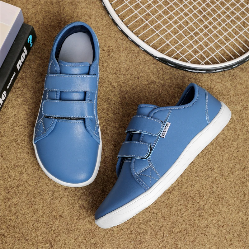 

Blue Wide Toe Shoes Men Comfortable Leather Casual Shoes Women Flat Shoes Hook&loop Low-cut Men's Barefoot Shoes Plus Sizes 48