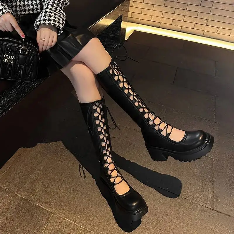 

Women High Boots Lace Up Cutout Knee High Boots Women's Leather Spring Summer Autumn Petite Thick Soled Stretch