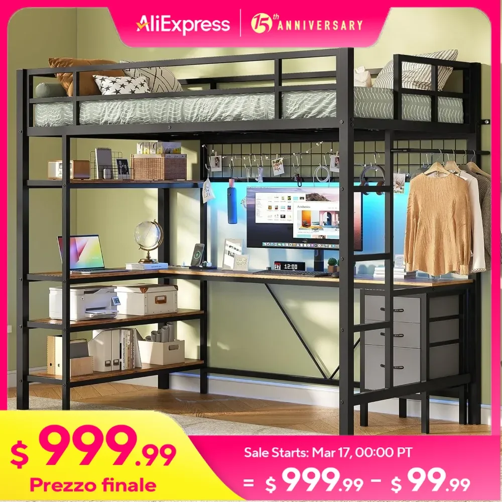 Loft Bed Twin with Desk, Charging Station and LED Lights, Loft Bed with 4-Tier Bookshelf & 3 Drawers, Safety Guardrail & Ladder