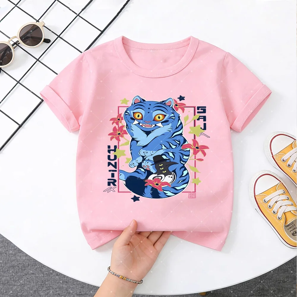 

Cute Blue Tiger Graphic Kids T-Shirt with KPop Demon Hunters Inspired Design for Fashionable Children