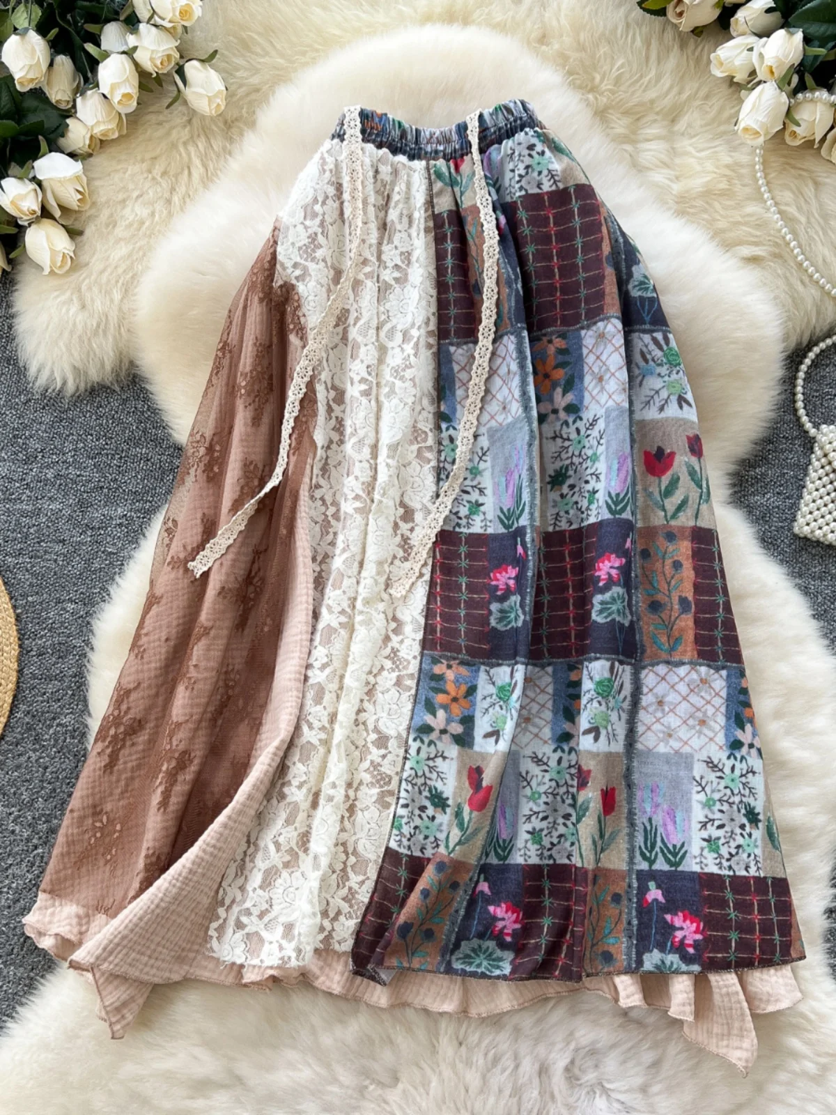 

Романтичная юбка А-силуэта с ретро-принтом и кружевными вставками, с завышенной талией, стройнящая, омолаживающая, для женщин, в корейском стиле, для повседневной носки