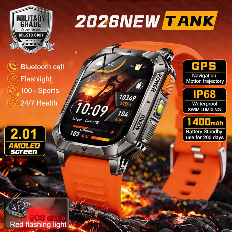 

Новые смарт-часы 2026 года с супербатареей 1400 мАч, прочные, для взрослых, 2,01 дюйма, GPS-трекинг, водонепроницаемость 10ATM, звонки по Bluetooth, спортивные смарт-часы для мужчин