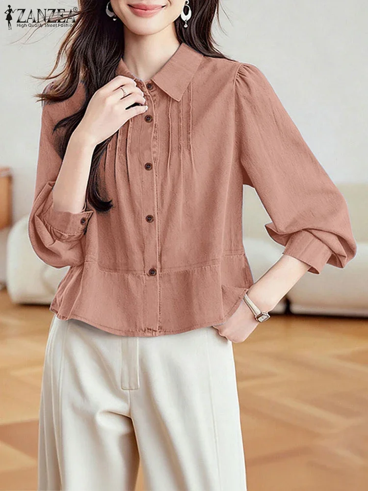 ZANZEA Frauen Hemd Langarm Elegante Büro Dame Tops 2025, Herbst Tasten Revers Casual Solide Blusas Mode Streetwear Blusen