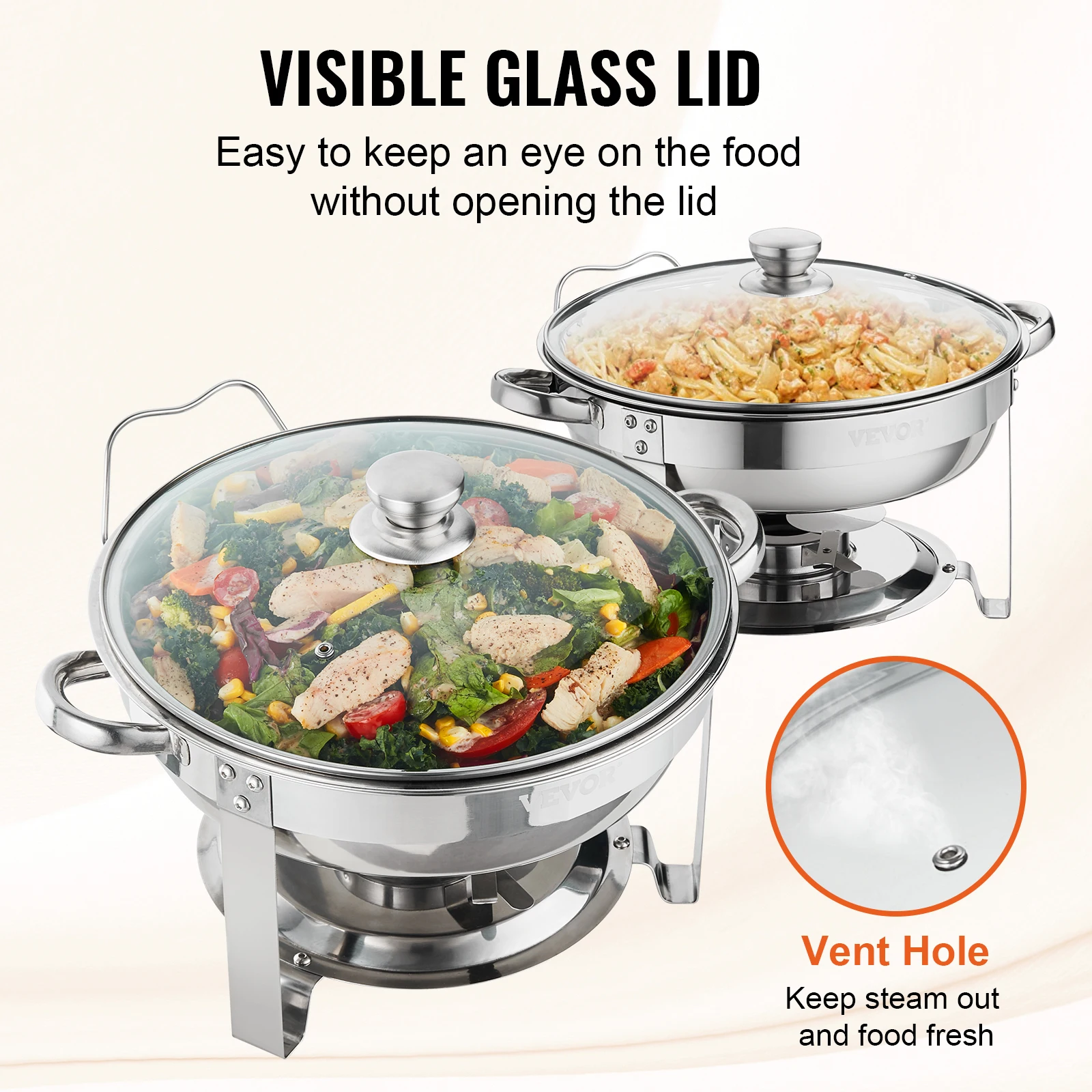Vevor-aço inoxidável redondo Chafing Dish Set, Buffet Chafer com tamanho completo Pan, tampa de vidro, suporte do combustível, catering aquecedor, 4QT, 2 Pack