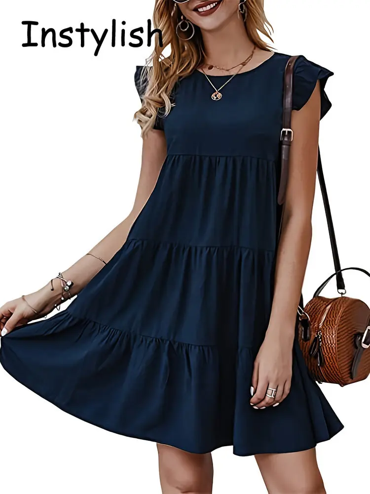 Damska elegancka, z falbanami Mini sukienka na co dzień solidna O dekolt impreza na plaży Sundress prosta elegancka, luźna krótka sukienka Vintage Harajuku vestido