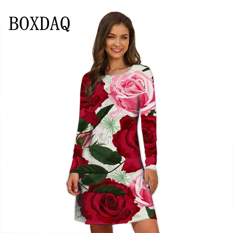 Fashion 3D Rose Flower Print Dresses For Women 2022 Oversized Clothing Autumn Long Sleeve Green Leaves Print Loose Casual Dress