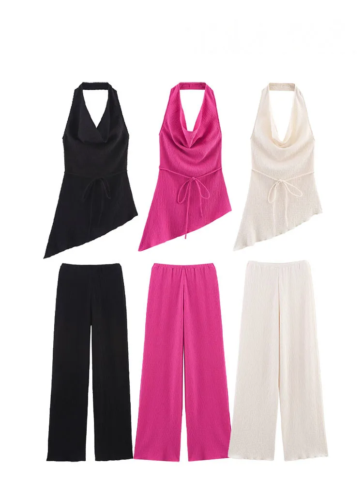 HH, moda de verano, trajes de pantalón para mujer, liso, sin mangas, sin espalda, decoración con cordones + Pantalones largos de cintura alta, conjuntos informales para mujer