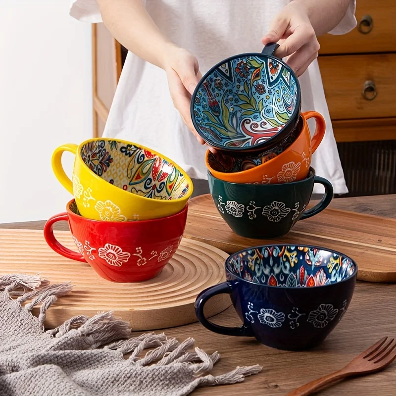 Tasse de petit déjeuner en céramique bohème de 15oz, 1 pièce, sans micro-ondes, pour la salle à manger à la maison, cadeau idéal pour Halloween, Thanksgiving, noël