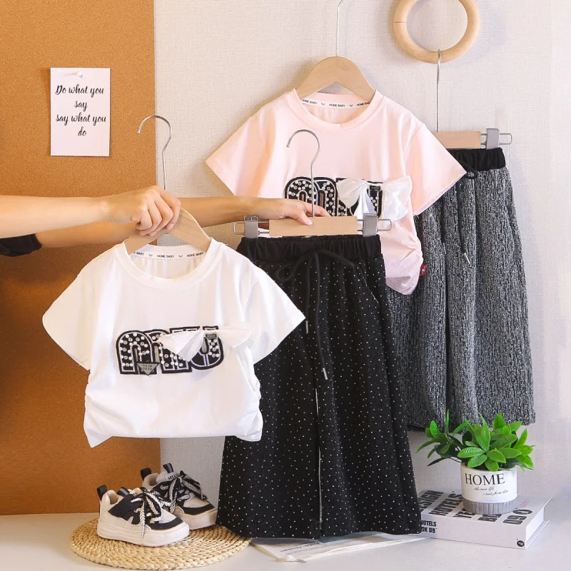 

Stylish short-sleeved wide-leg pants summer outfit for girls2026New fashionable girls' short sleevesMIRhinestone pants