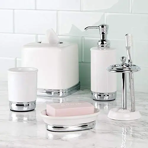 

Chrome-Trimmed White Ceramic Tissue Box Holder For Bathroom Vanity Countertop, 5.75 Inch Square Design