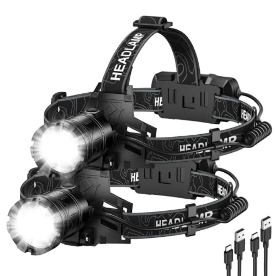 

2-Pack Rechargeable LED Headlamps - 99, 000 High Lumens Super Bright Head Light with 3 Modes, 90° Adjustable Tilt, IPX6 Waterpr