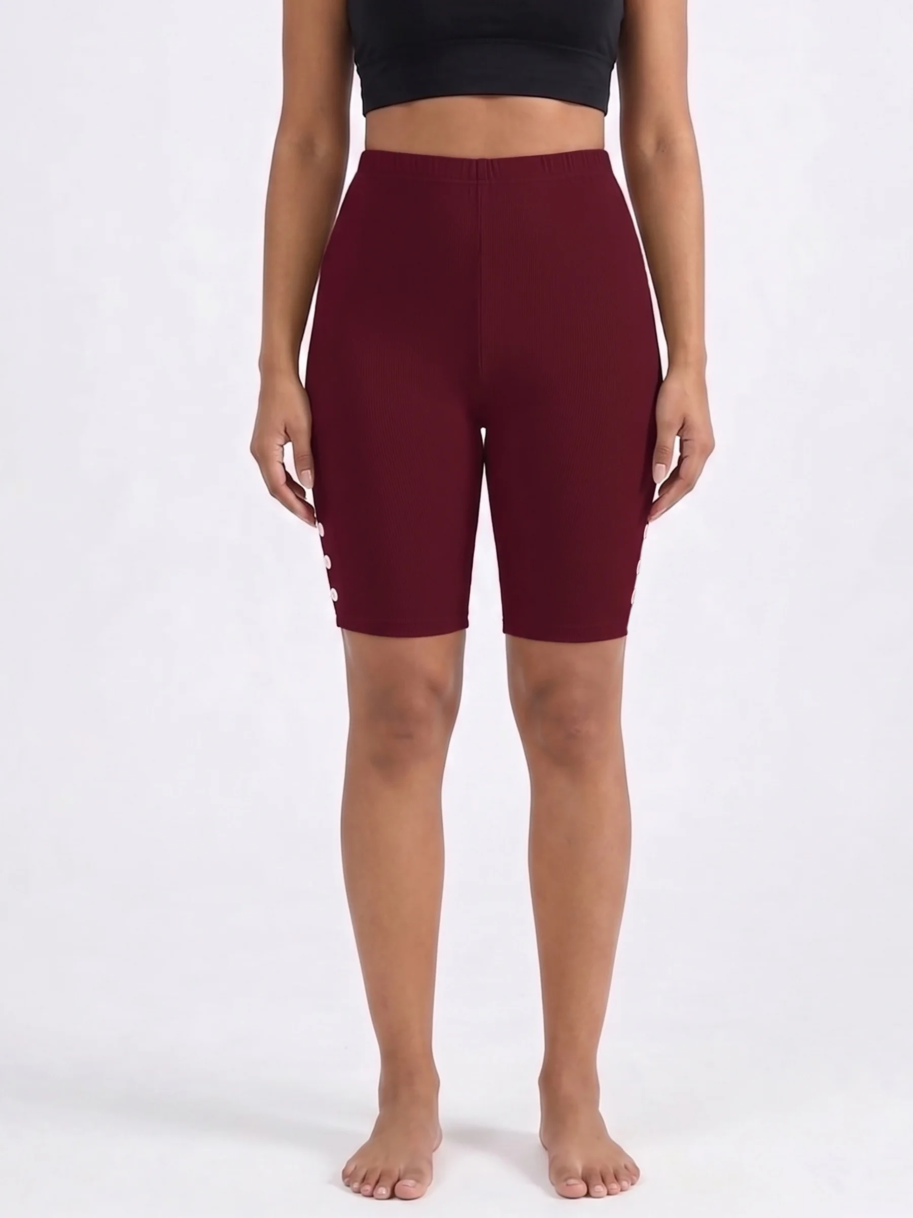 Comfortable Plus Size Women's Ribbed Bermuda Shorts with Button Detail for Everyday Style image 2