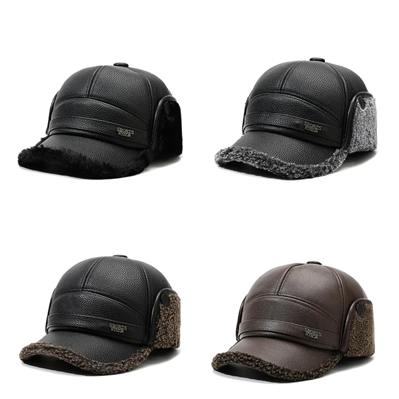 NORTHWOOD Herren-Winter-Baseballmütze, Trucker-Mütze mit Ohren- und Halsklappen, Kunstleder, für den Außenbereich, mit Fleece gefüttert, winddicht, Bombermütze, 58 cm