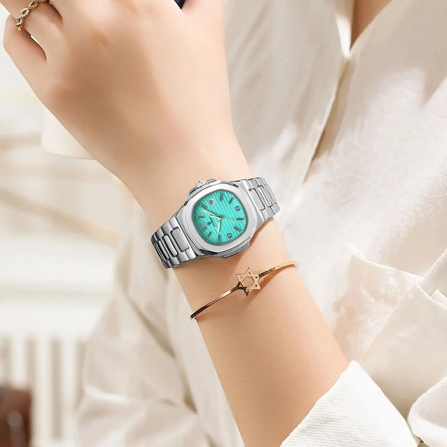 POEDAGAR ساعة نسائية أنيقة مضيئة مقاوم للماء تاريخ مربع ساعة اليد للمرأة عالية الجودة كوارتز ساعات نسائية Reloj