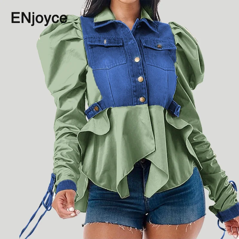 Women Casual Ruched Sleeve Babydoll Top Denim Color Block Irregular Ruffles Button Down Shirt Ladies Retro Blouse