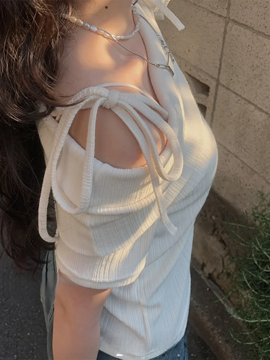 تي شيرت كوري Sle Sweet Girl ort Sve تي شيرت على الكتف وربطة عنق نسائية صيفية فضفاضة تناسب الطول العادي irt