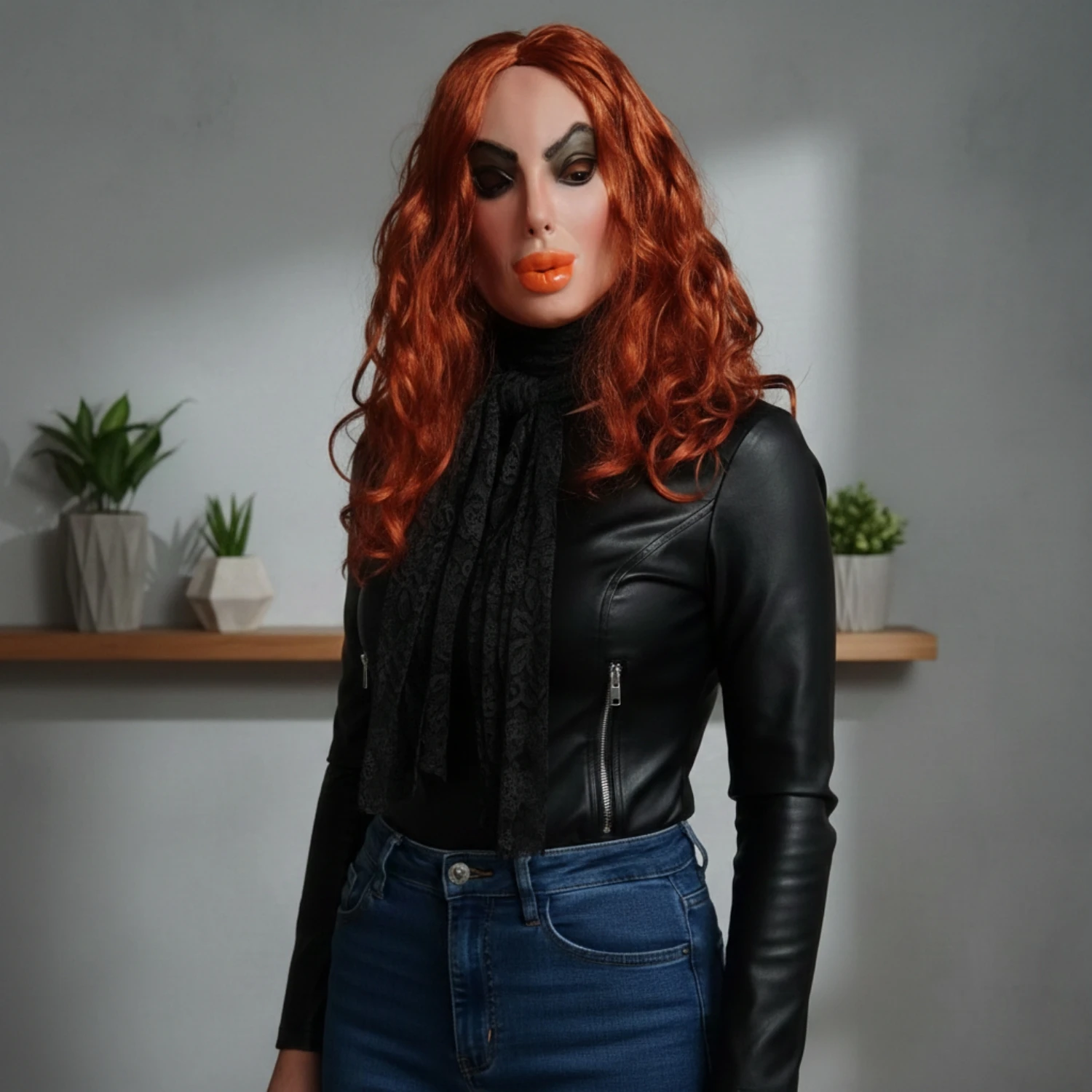 Adult Latex Mask with Long Wavy Wig Set, Realistic Big Mouth Face Mask for Halloween Party Cosplay Costume Props 2