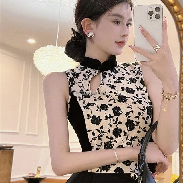 2025 chinese cheongsam bez rękawów koszulka na ramiączkach kobiety instagram moda lato seksowny styl retro kwiatowy nadruk slim-fit krótki top w325