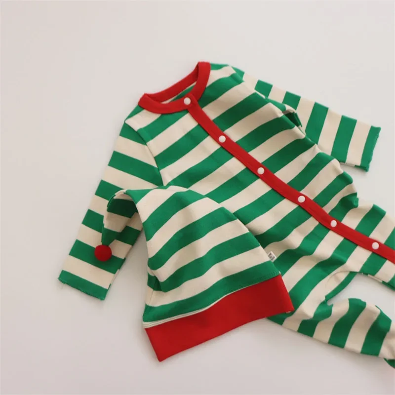 Christmas Baby Boys Girls Clothes Romper Red/Green Stripe Cartoon Casual Bodysuits Autumn Long Sleeve Cotton Pullover Jumpsuits