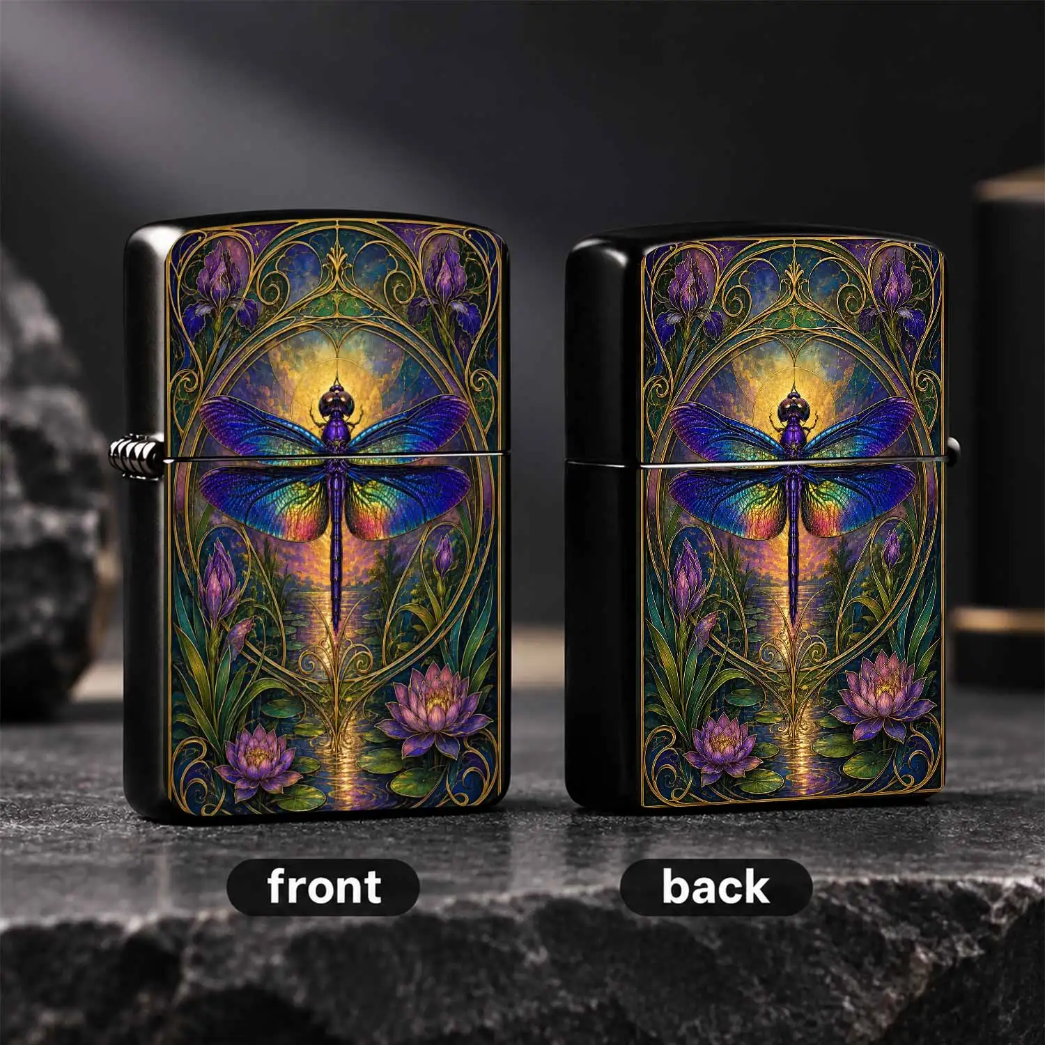 Vintage Art Nouveau Dragonfly Iris Water Lily Pattern Lighter, Stained Glass Style Iridescent Decorative Portable Igniter, Ideal For Daily Scenes, Unique Aesthetic Festival Gift For Art Lovers, Elegant Whimsical Decor Accessory For Personal