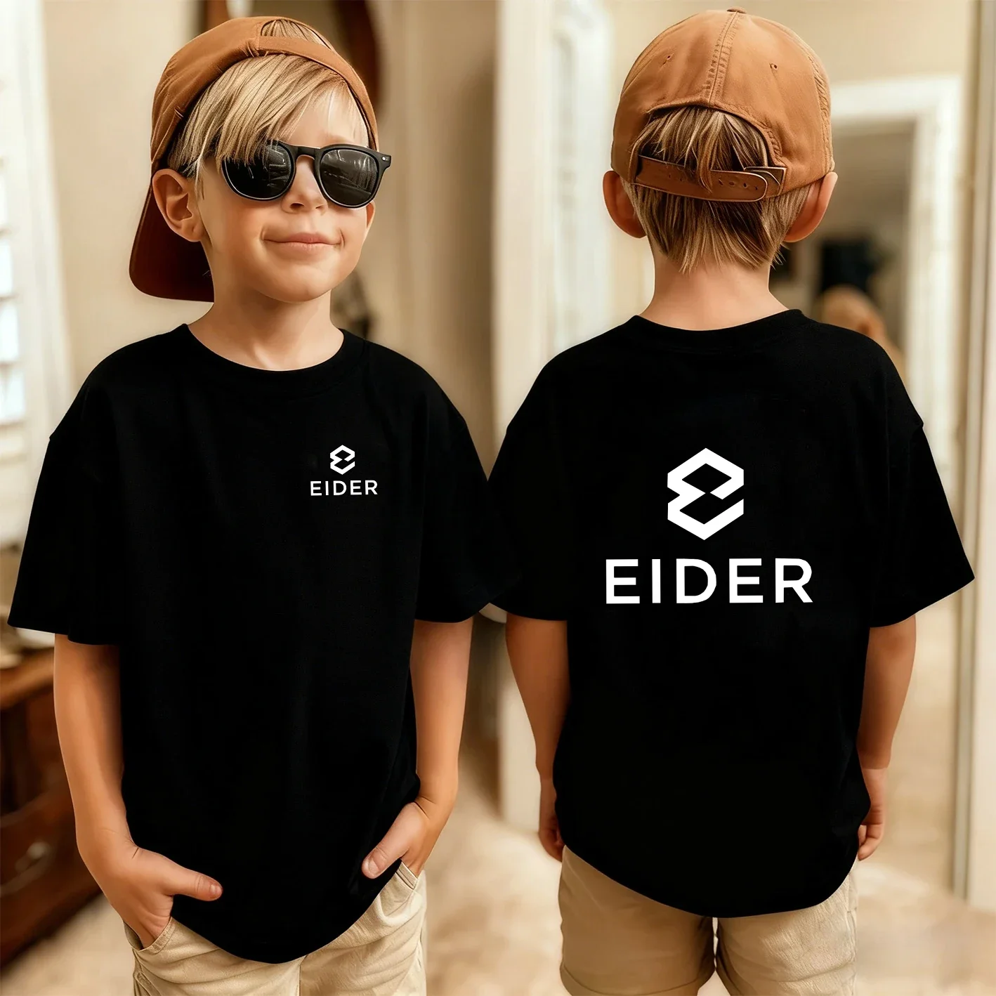 Camisetas de Algodón Unisex para Niños, Estampado EIDER, Transpirables, Absorbentes de Sudor, Anti-Pilling, Resistentes a las Arrugas, Lisas