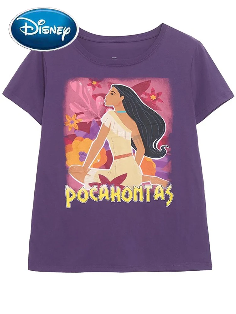 

Disney Princess Pocahontas Letter Cartoon Print T-Shirt Fashion Women Short Sleeve Sweet O-Neck Pullover Tops Streetwear Female