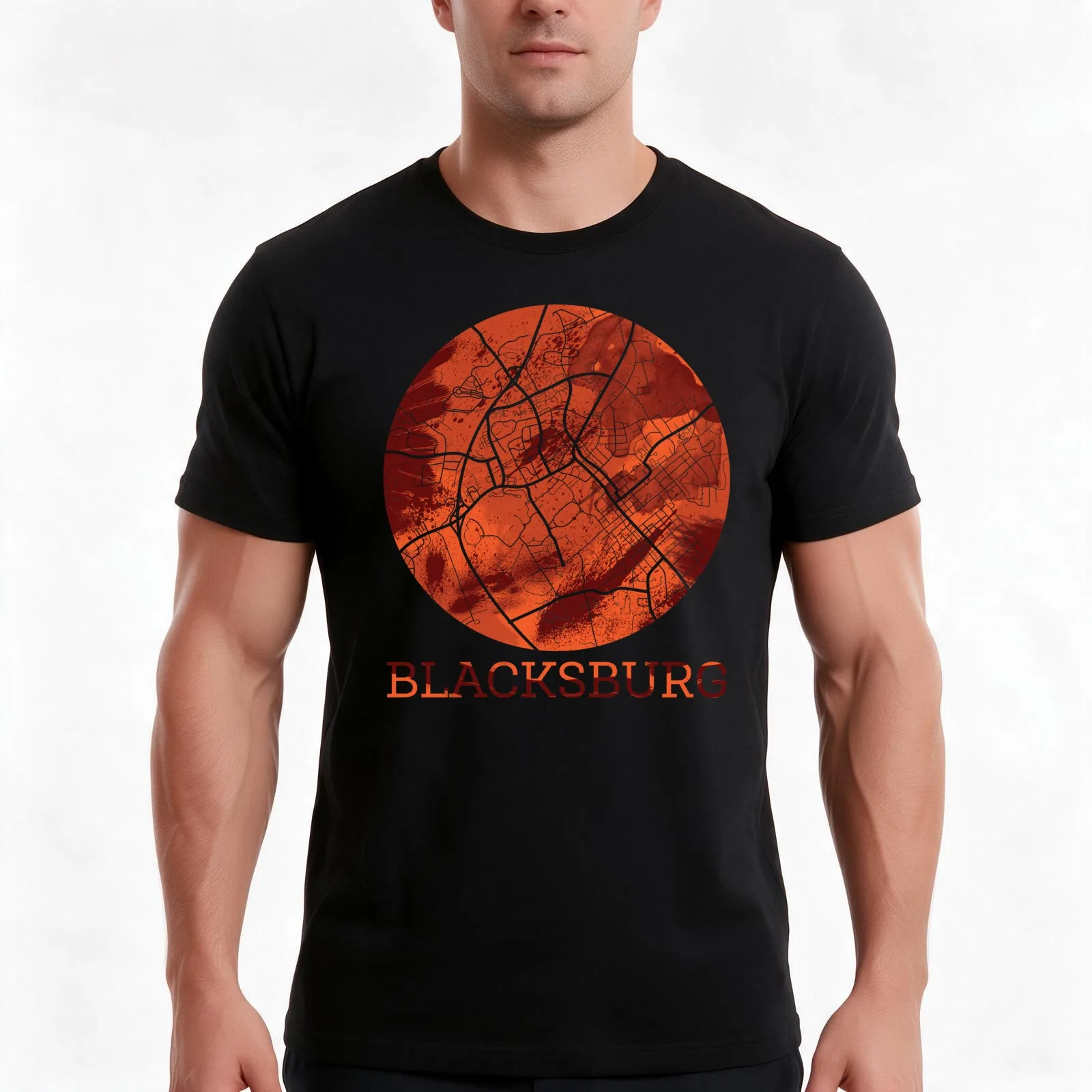 Blacksburg Map Maroon & Orange T-Shirt, Summer Casual Cotton Tee, Oversized Streetwear Tops, Vintage Graphic Print, 100% Cotton