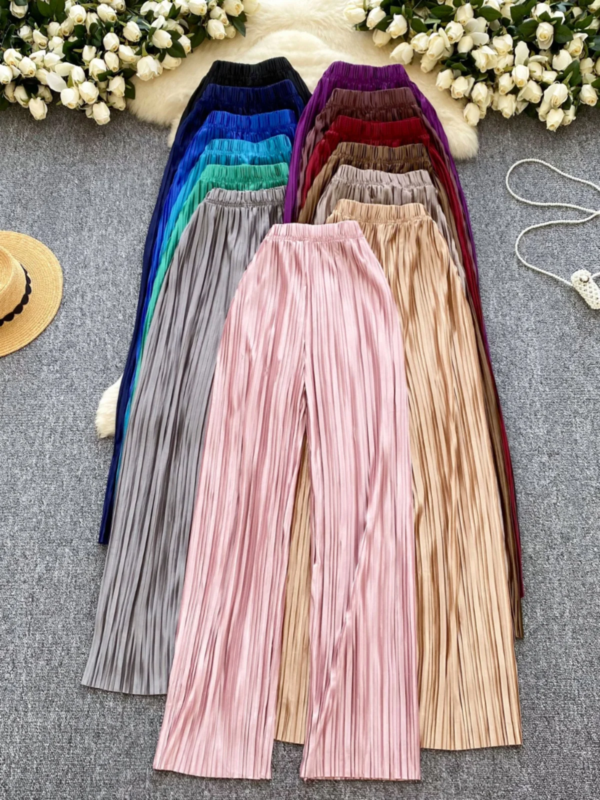 New 2025 Women's Ice Silk Narrow Wide Leg Pants Summer High Waist Drape Loose Straight Casual Floor Length Skirts