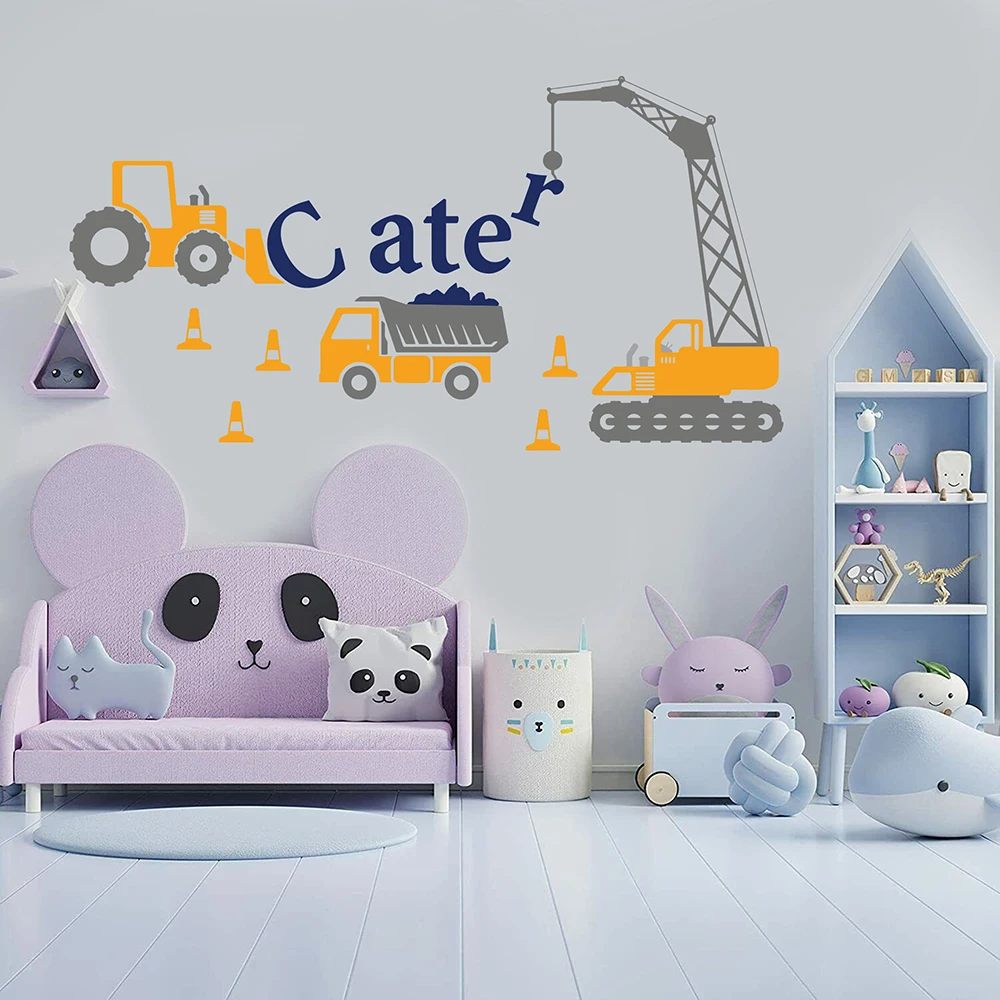 Custom Name Construction Crane Truck Wall Sticker Decal Cartoon Building Bulldozer Boy Room Playroom Kids Teen  Decor