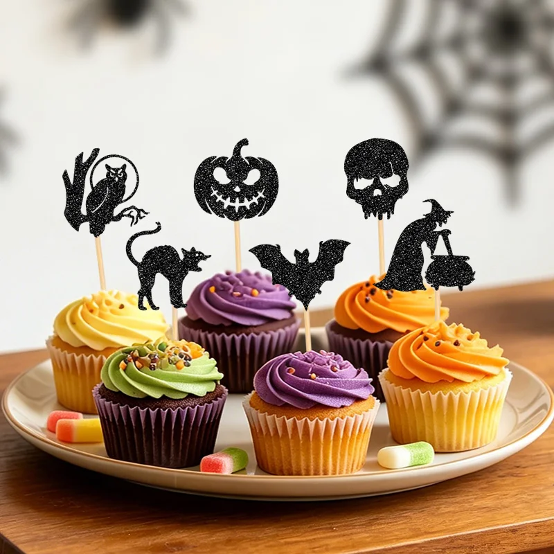 YOMDID 24 Stück Halloween-Kuchendekorationen Glitzernde Kürbis-, Totenkopf-, Fledermaus-, Hexen-, Katzen- und Eulen-Design-Kuchenspießer Gruselige Party-Cupcake-Dekorationen
