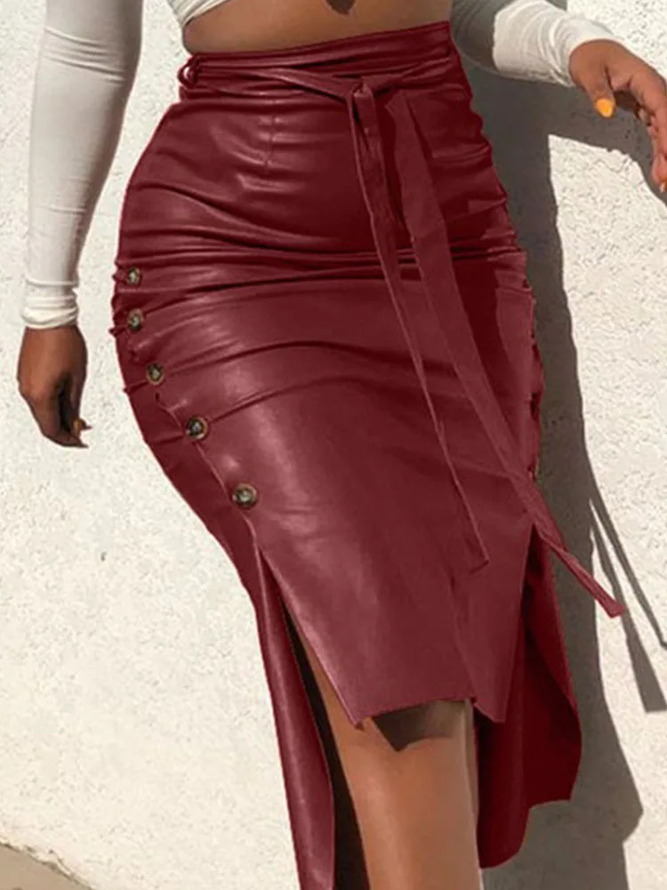 المرأة العصرية بو الجلود ميدي تنورة بلون عالية الخصر الدانتيل متابعة الجانب زر سليم نحيل تنّورة مجسّمة للسيدات الشارع الشهير