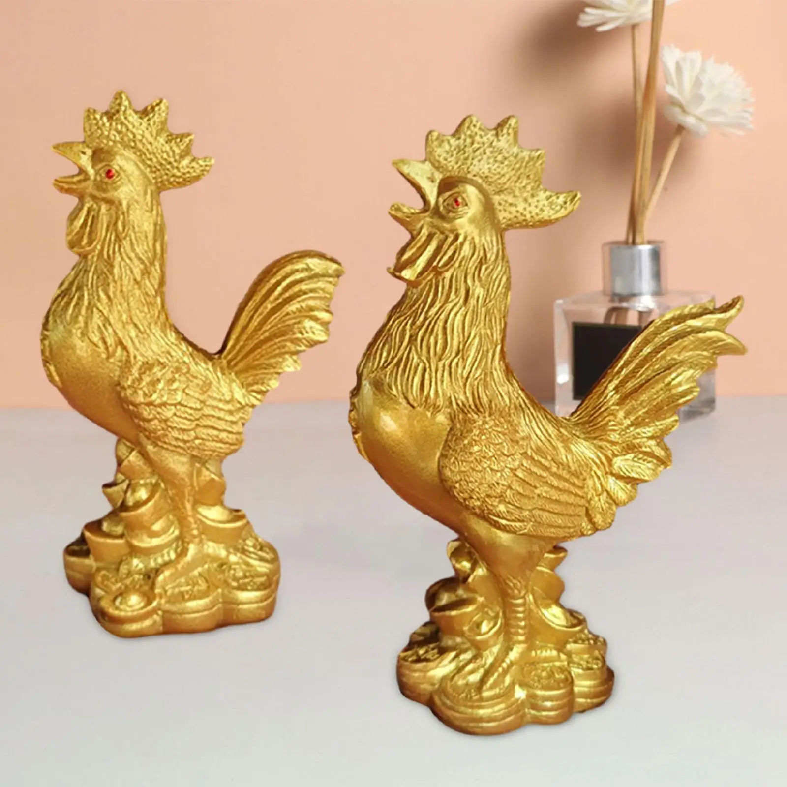 

Chicken Figurine Rooster Statue Desktop Ornaments Luck Feng Shui Decor Cock Sculpture for New Year Store Party Housewarming